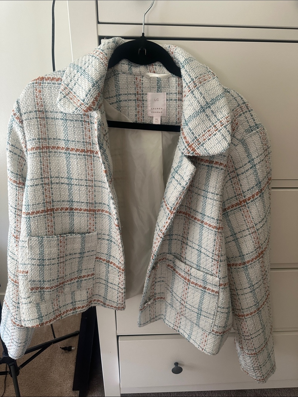 LC Lauren Conrad Cream Tweed Plaid Cropped Blazer with Blue and Rust Lines